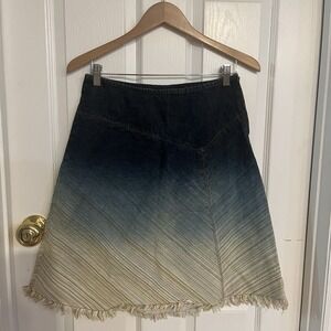 DKNY Jeans Ombré Denim Midi Skirt Size 4 VTG 90s/Y2K Dip Dyed Frayed Hem A-Line
